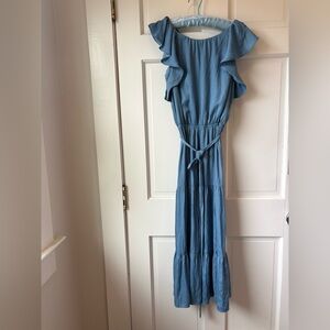 LOFT Blue Silky Flutter Sleeve Dress with Belt
